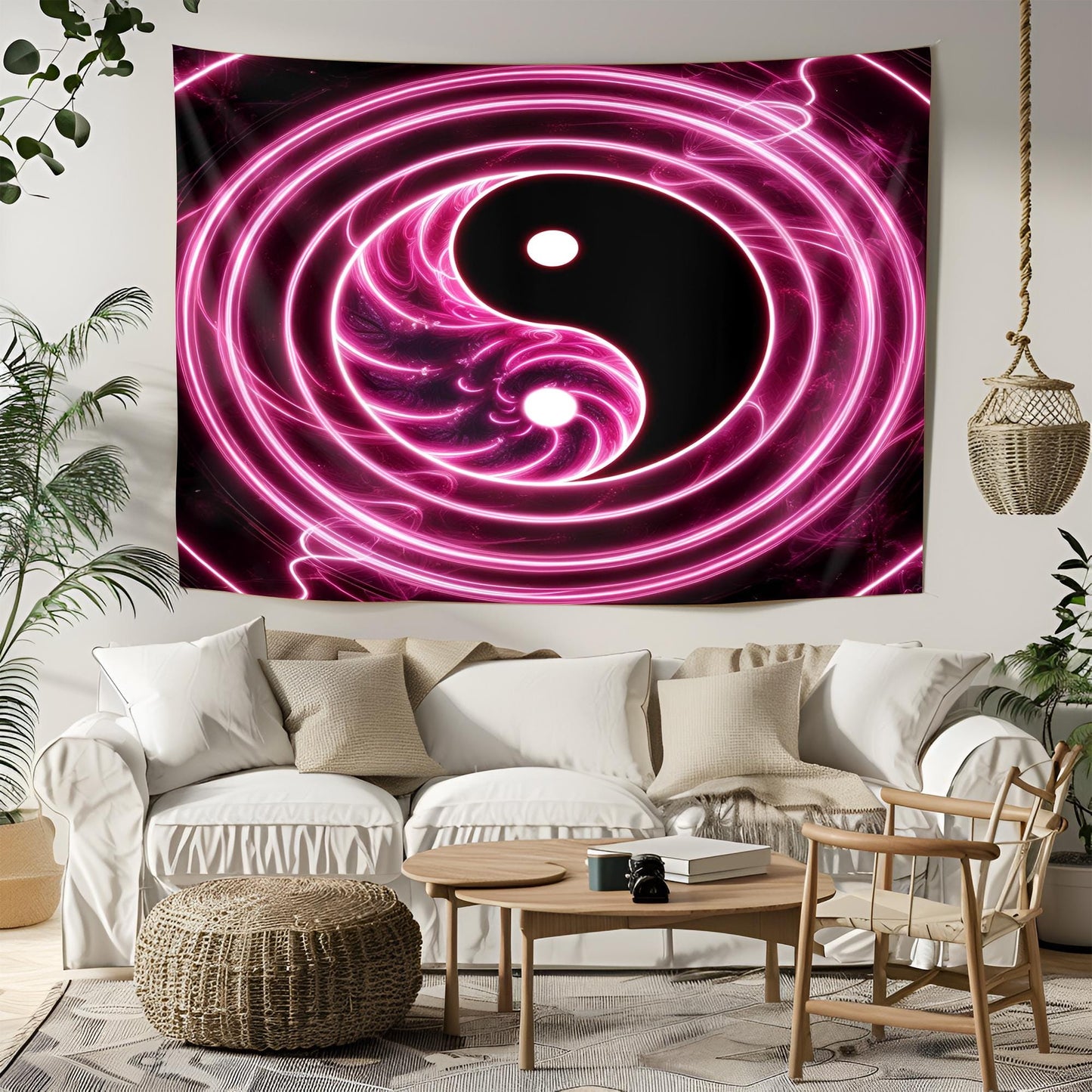 Massive Glowing Yin Yang Tapestry, Neon Swirling Light Trails, Infinite Fractal Reflections, Ultra HD Psychedelic Balance Symbol Wall Art