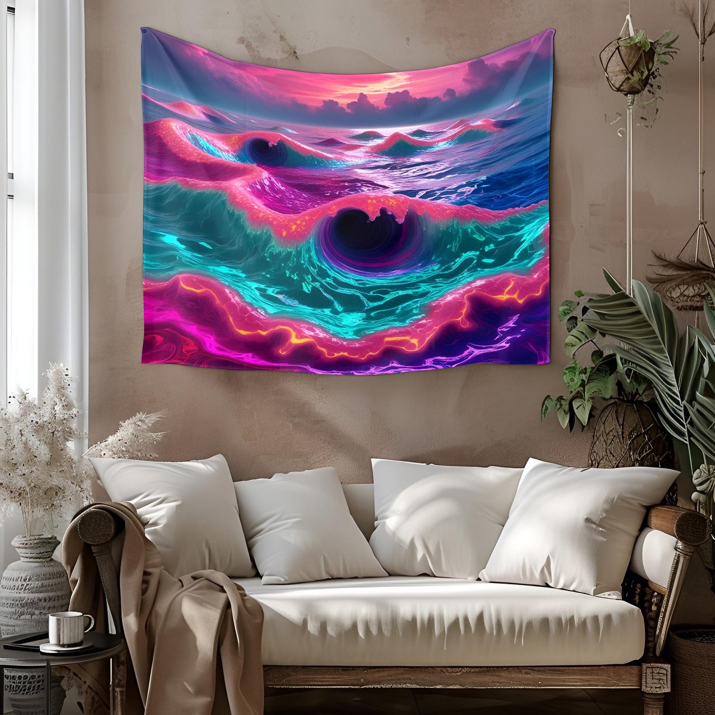 Neon Ocean Tapestry, Liquid Waves & Fractal Spirals, Bioluminescent Foam, Trippy Dreamlike Reflections Wall Art, Psychedelic Tapestry