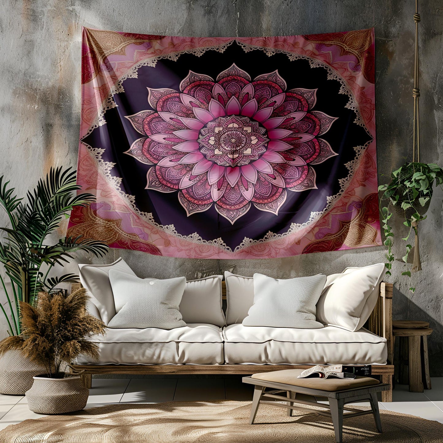 Bohemian Lotus Flower Mandala Tapestry, Intricate Paisley and Geometric Wall Hanging, Lace Inspired Pink Purple Gold Home Decor
