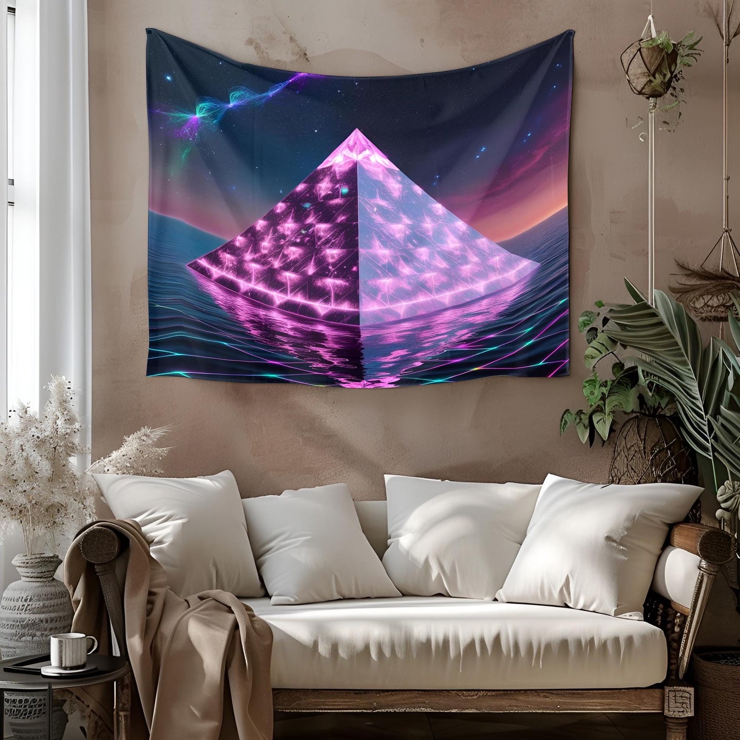 Neon Crystal Pyramid Tapestry, Floating Cosmic Light Prism, Glowing Rainbow Reflections, Geometric Energy Patterns Art, Trippy Tapestry