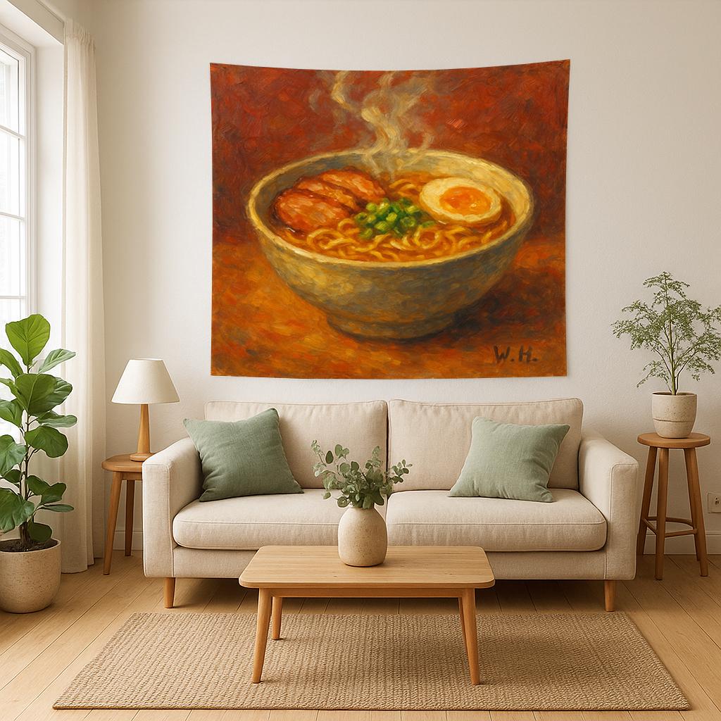 Ramen Bowl Wall Art Print, Japanese Noodle Soup Painting with Egg and Pork, Warm Kitchen Decor for Food Lovers and Ramen Enthusiasts