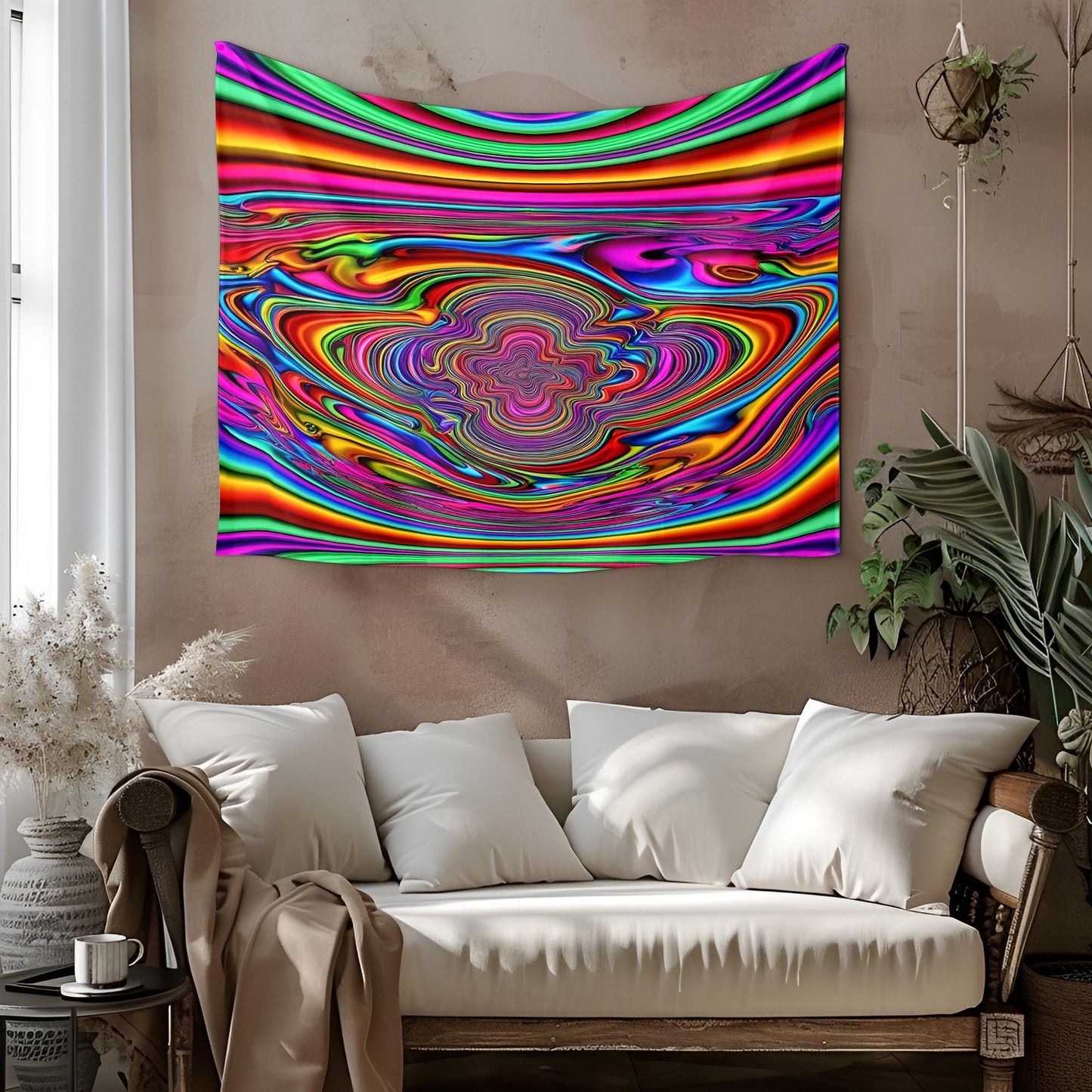 Liquid Swirling Neon Landscape Tapestry, Infinite Reflections & Shifting Patterns, Trippy Optical Illusion Psychedelic Mind-Bending Art