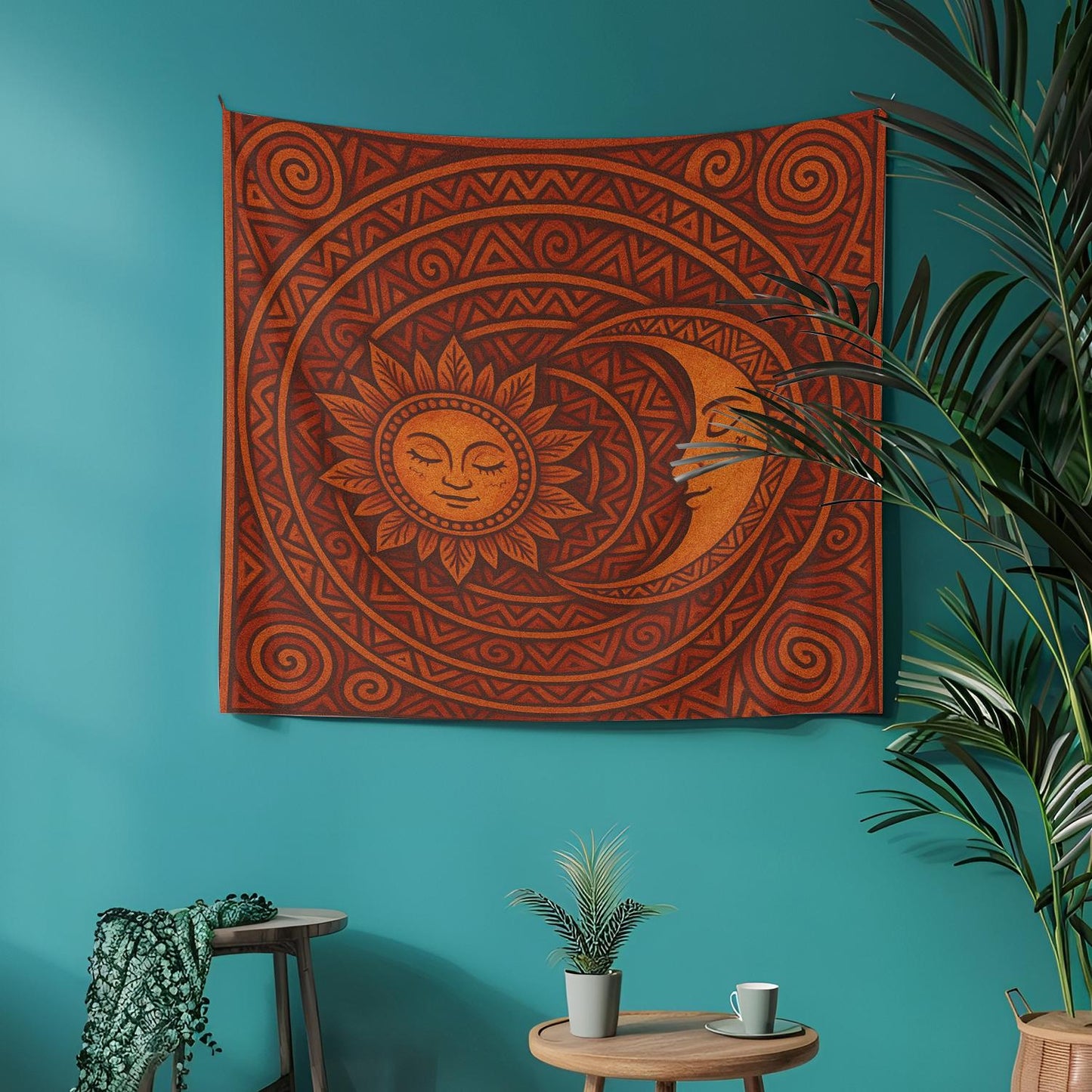 Sun and Moon Tapestry Wall Hanging β Tribal Celestial Boho Decor with Smiling Faces and Swirled Earthy Orange Geometric Mandala Design