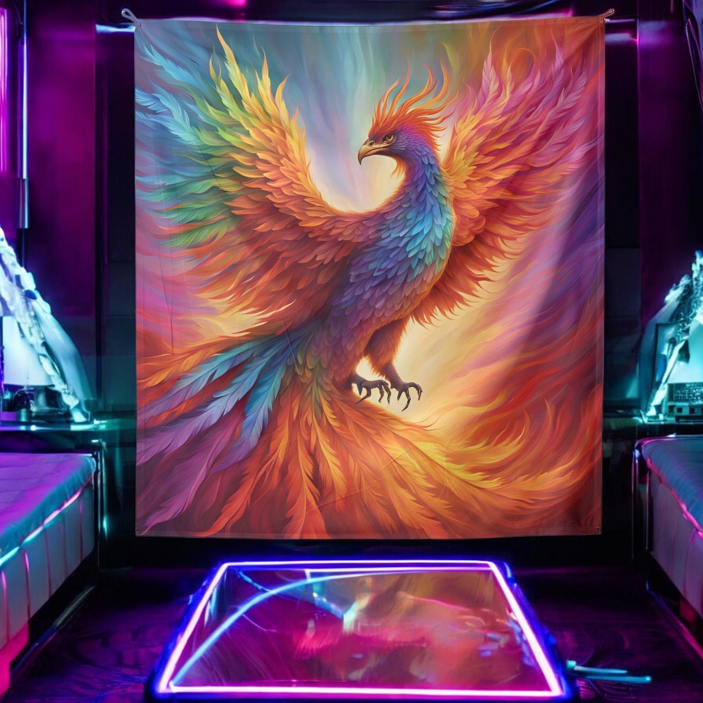 Rainbow Phoenix Tapestry - LGBT Pride Wall Hanging - Vibrant Fire Bird Artwork - Symbol of Strength, Rebirth & Transformation