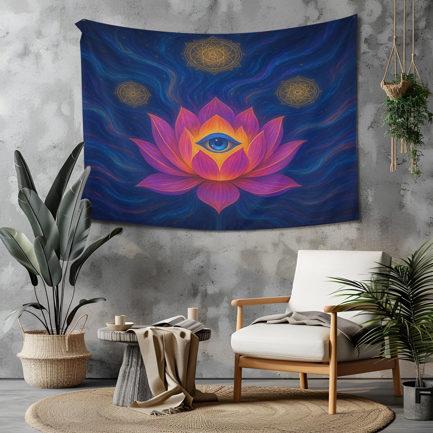 Third Eye Lotus Flower Wall Tapestry, Spiritual Room Decor With Sacred Symbols, Psychedelic Vision Art Gift For Meditation Lovers Or Yogis