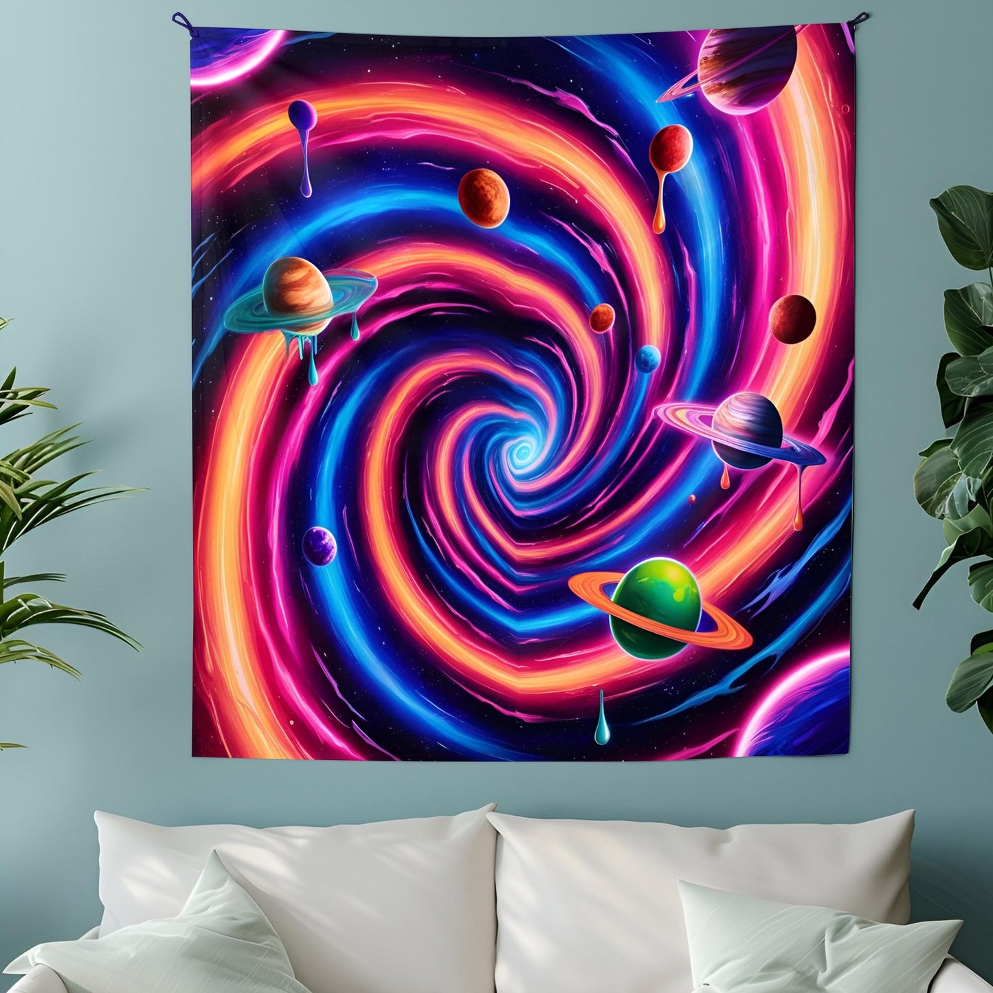 Neon Spiral Galaxy Tapestry, Trippy Cosmic Wormhole Art, Dripping Space Liquids, Vibrant Electric Planet Decor, Psychedelic Tapestry