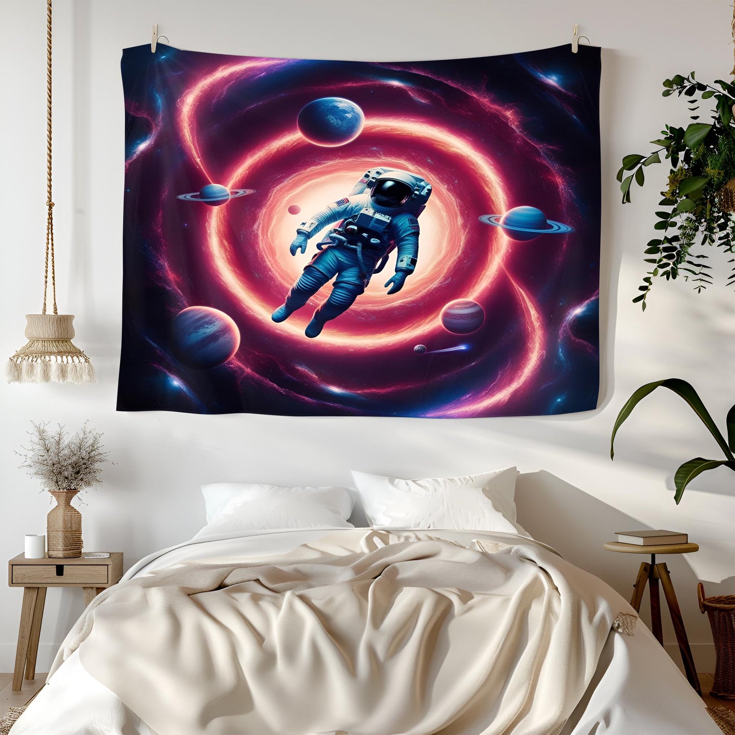 Psychedelic Astronaut Tapestry, Cosmic Vortex Wall Art, Swirling Neon Galaxies & Fractal Planets, Surreal Space Travel Decor , Trippy Decor