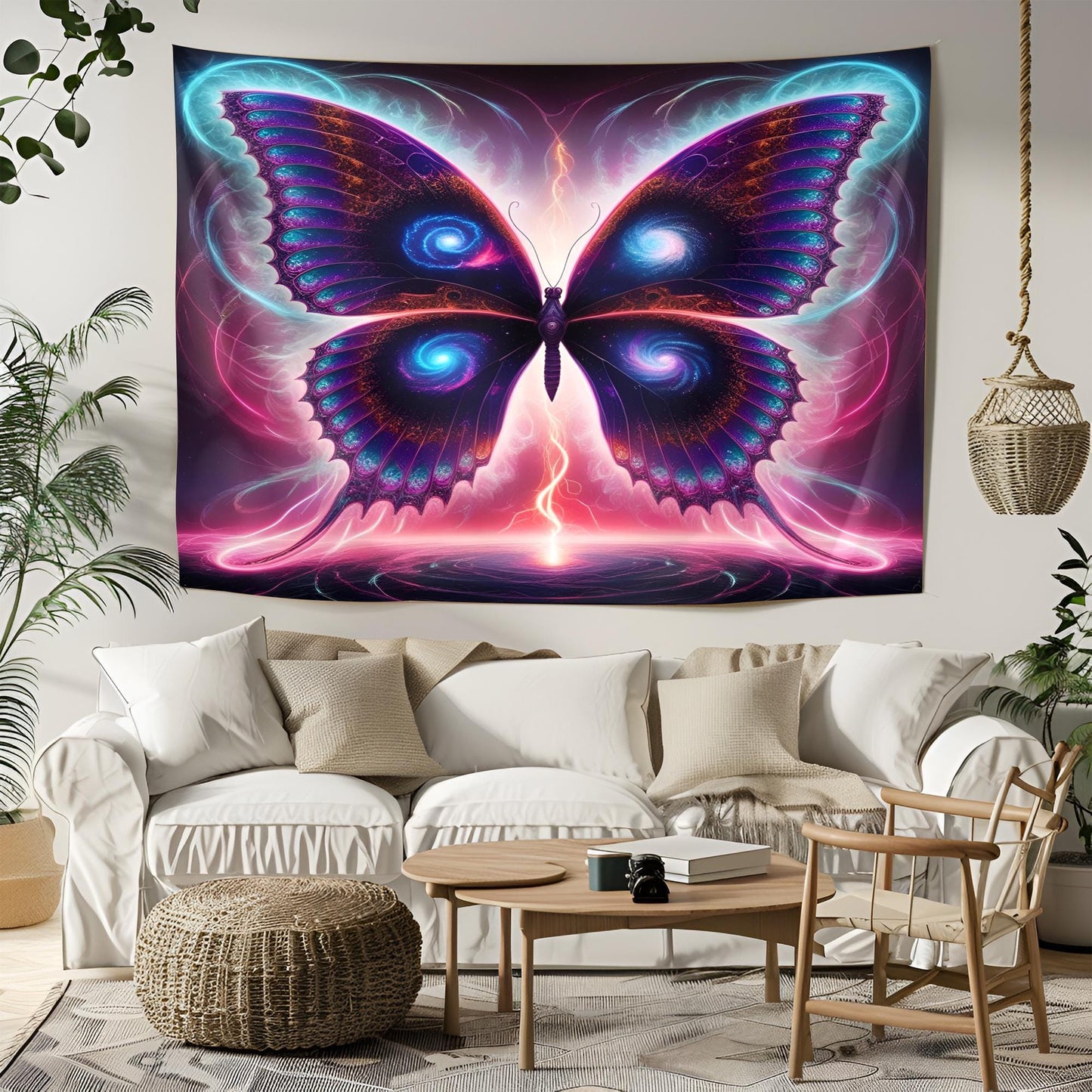 Psychedelic Galaxy Butterfly Tapestry, Neon Fractal Wings, Glowing Energy Trails, Surreal Dreamscape Wall Art, Trippy Tapestry, Psychedelic