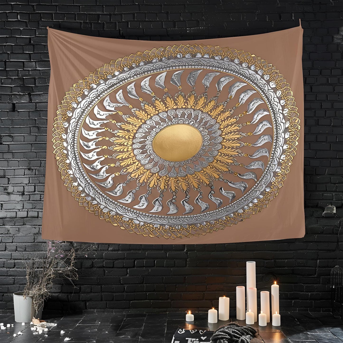 Mesmerizing Spiral Mandala Tapestry, Gold & Silver Accents, Perfectly Proportioned Radiating Design, Elegant Framed Geometric Wall Art