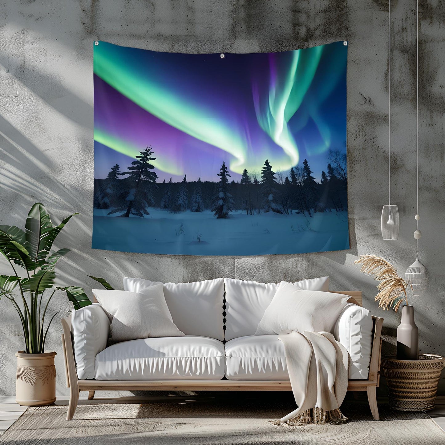 Snowy Forest Tapestry, Vibrant Aurora Borealis Sky with Swirling Northern Lights, Deep Blue Purple Minimalist Pine Silhouette Art