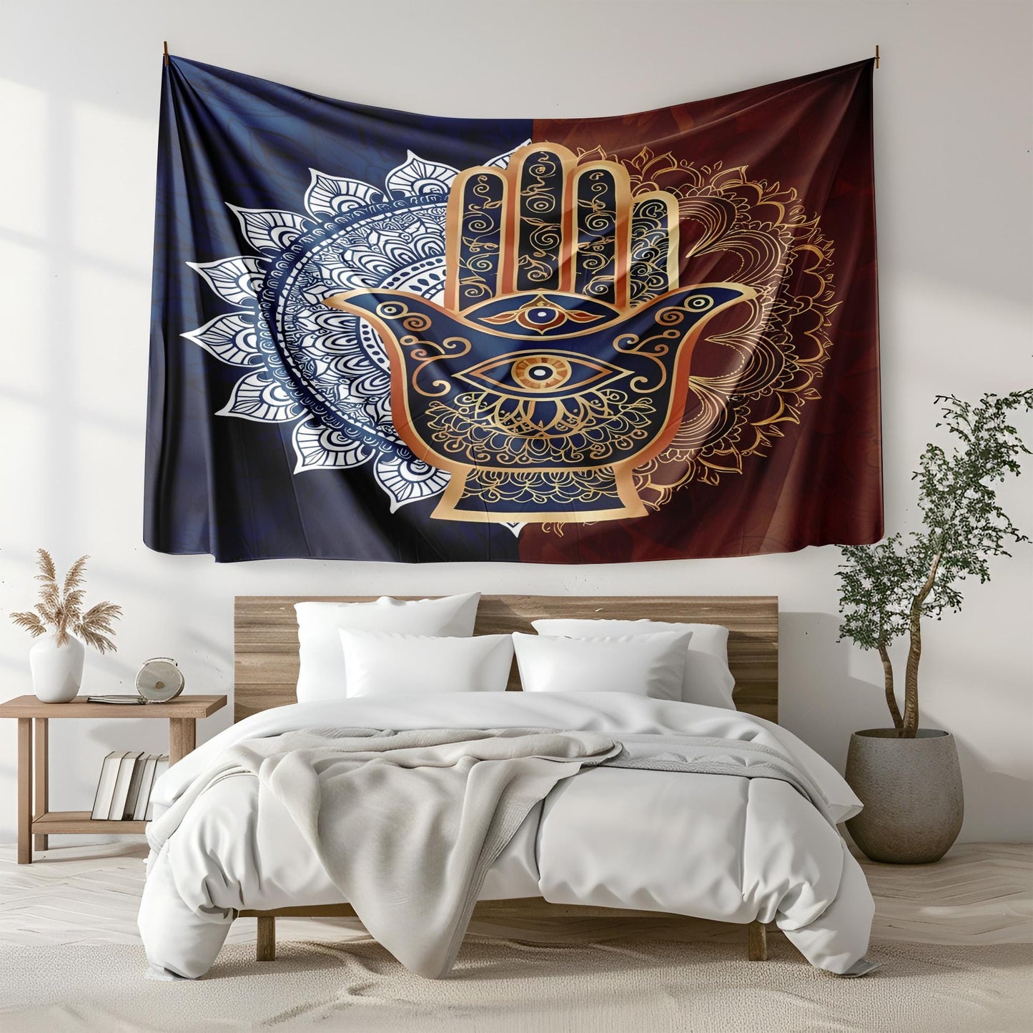 Mystical Hamsa Hand Mandala Tapestry, Indian Spiritual Wall Hanging, Deep Blue Gold Terracotta Boho Decor, Protective Eye Design