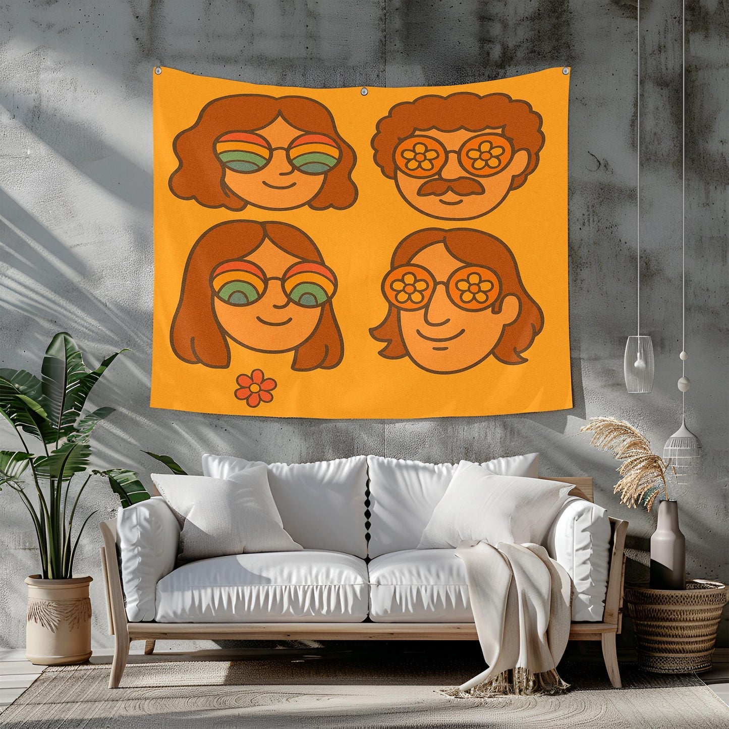 Retro Faces Tapestry With Rainbow Sunglasses, 70s Hand Drawn Cartoon Style, Warm Minimal Background, Groovy Wall Art, Gift For Her