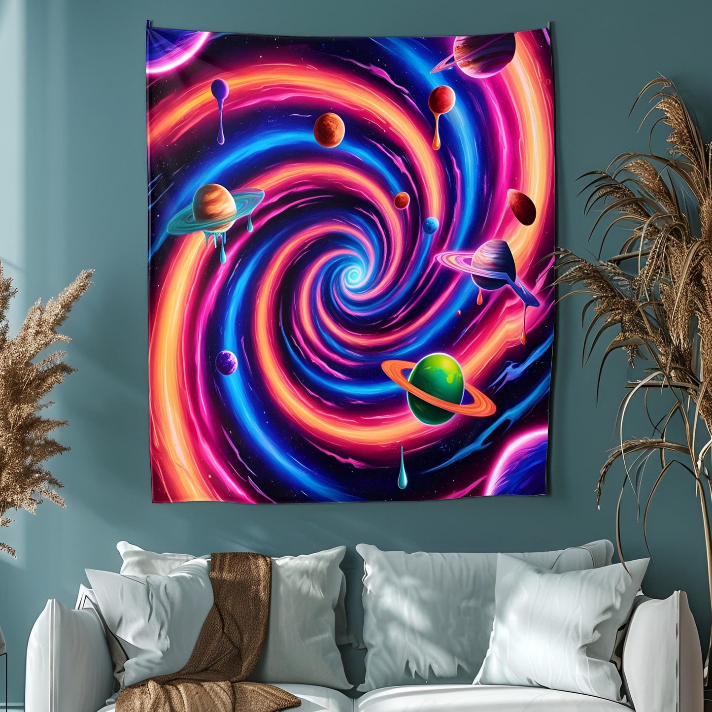Neon Spiral Galaxy Tapestry, Trippy Cosmic Wormhole Art, Dripping Space Liquids, Vibrant Electric Planet Decor, Psychedelic Tapestry
