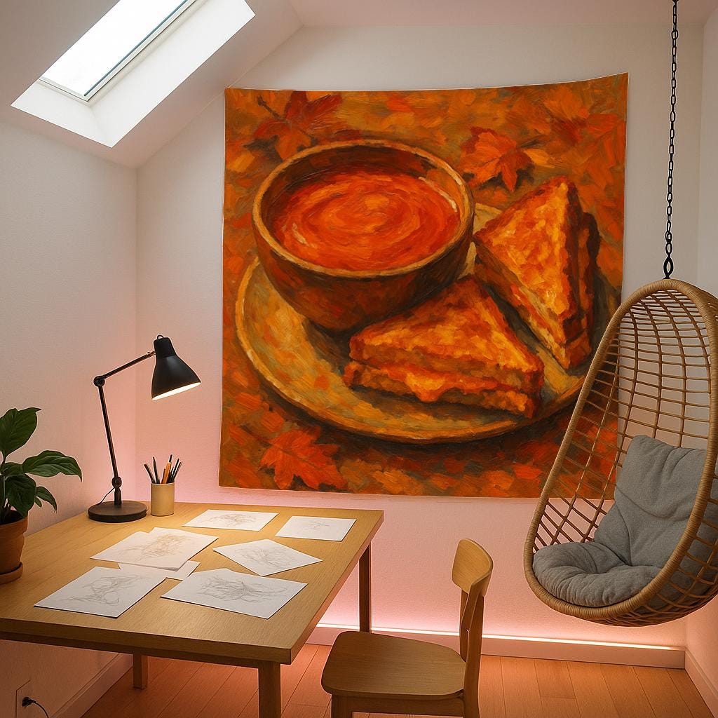 Grilled Cheese and Tomato Soup Wall Tapestry, Cozy Comfort Food Art Print with Autumn Leaves, Warm Kitchen or Dining Room Decor Piece