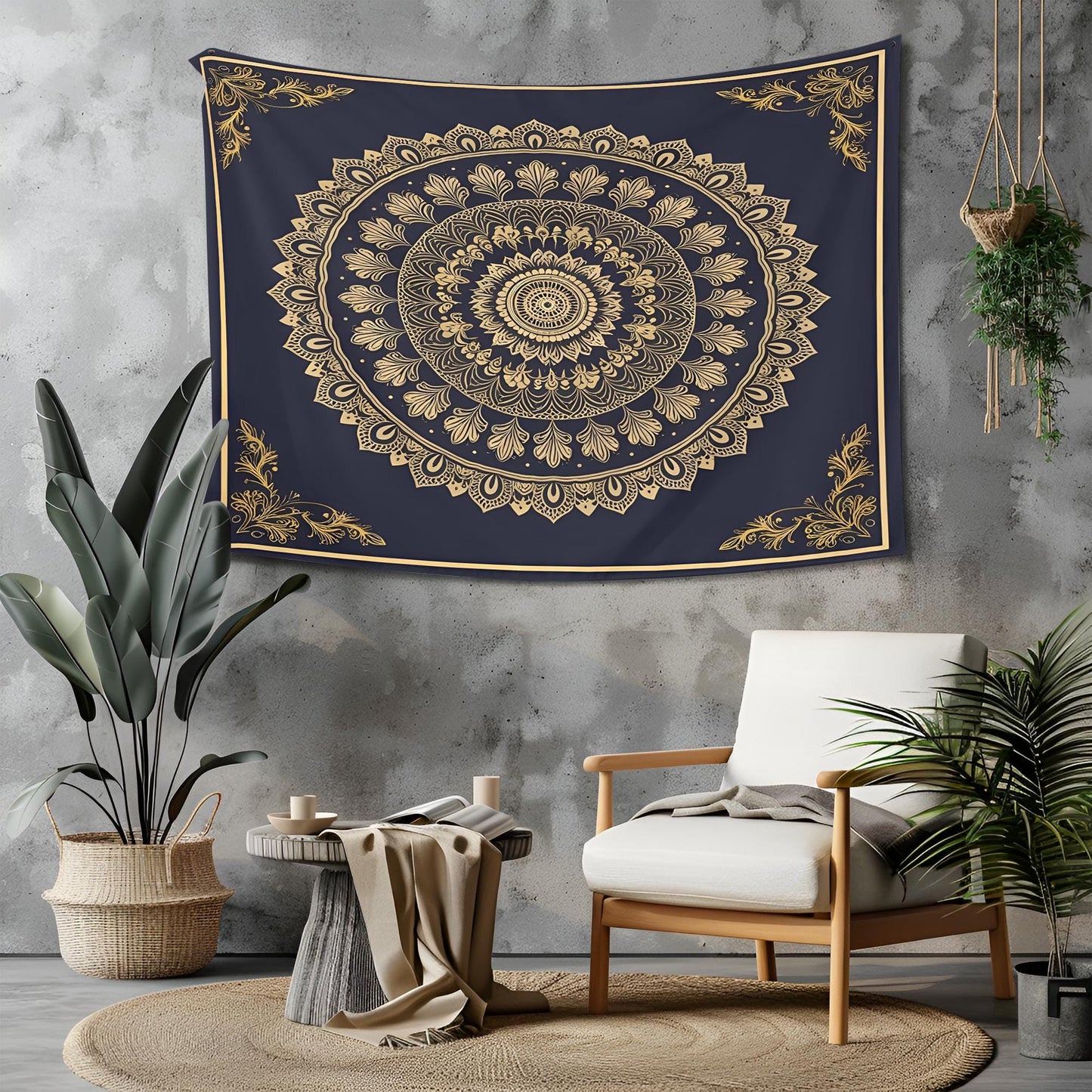 Centered Golden Mandala Tapestry, Intricate Floral & Geometric Details, Dark Navy Framed Symmetrical Design, Elegant Boho Wall Art