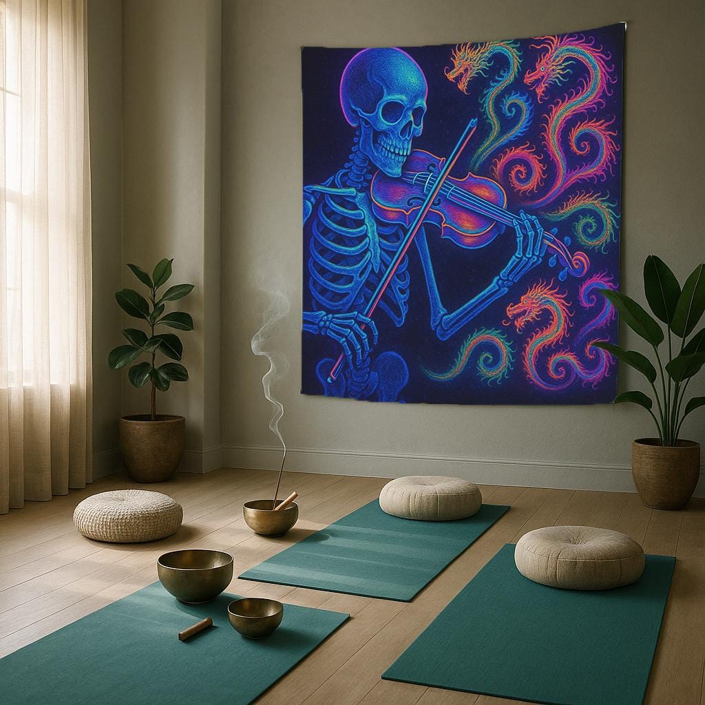 Skeleton Violin Tapestry, Psychedelic Gothic Wall Art, Trippy Neon Room Decor, Dark Boho Skeleton Print, Unique Gift for Musicians