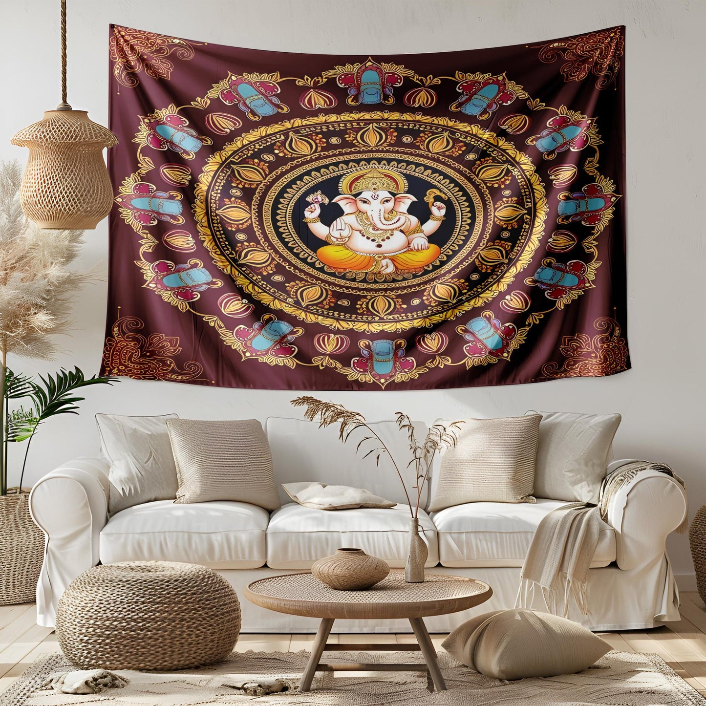 Lord Ganesha Mandala Tapestry, Indian Spiritual Wall Hanging, Elephant Motif Decor, Maroon Saffron Boho Art, Hindu Sacred Design