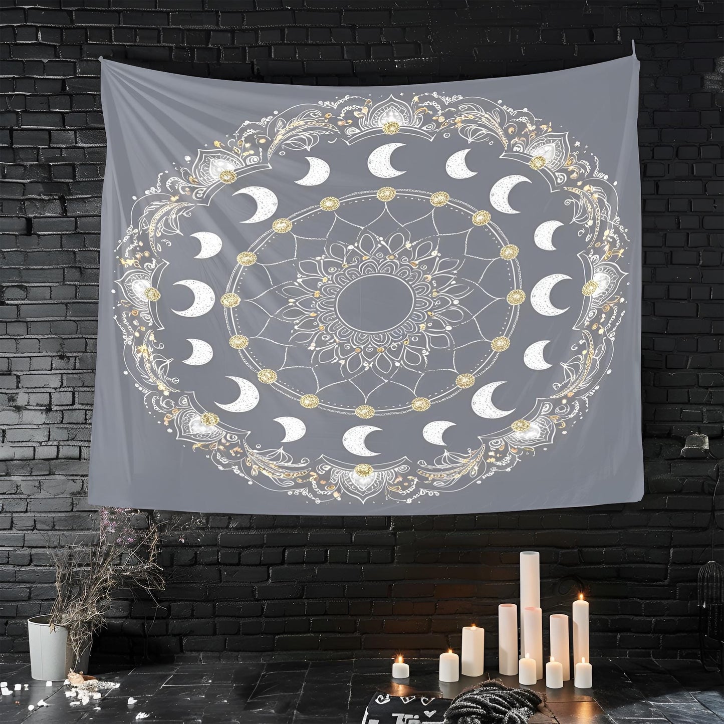 Celestial Mandala Tapestry, Crescent Moon Phases with Silver & Gold Accents, Intricate Swirling Patterns, Cosmic Boho Wall Decor