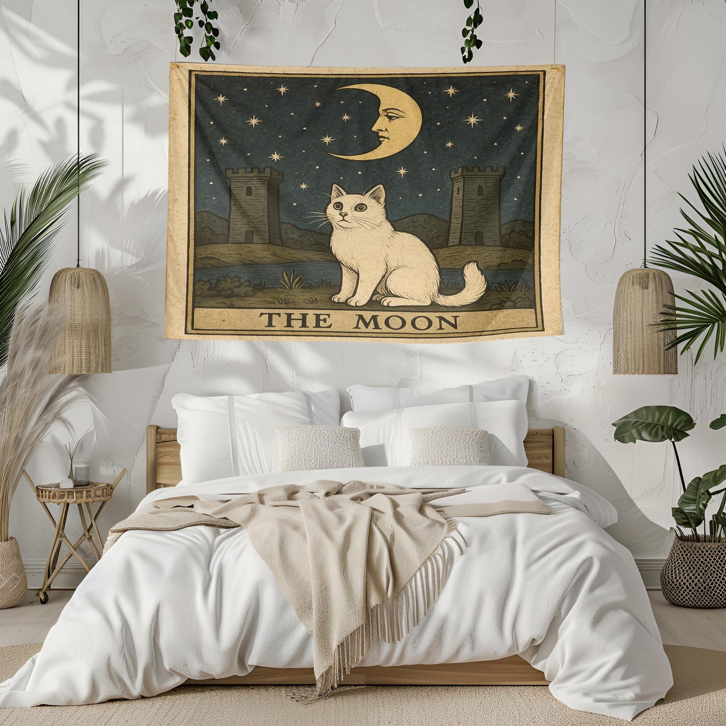 The Moon Cat Tapestry – Tarot Style Wall Art, Mystical Cat Wall Hanging, Celestial Gothic Decor for Bedroom or Meditation Space