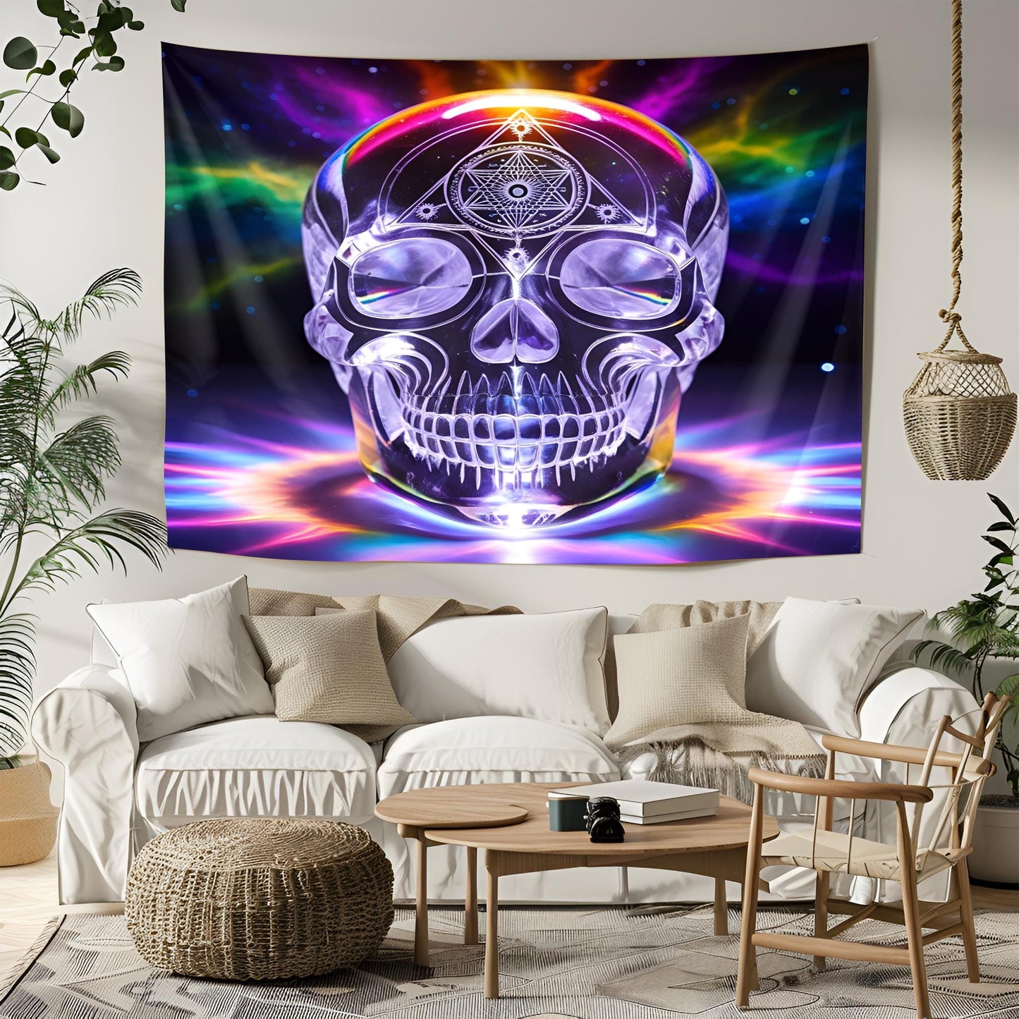 Translucent Crystal Skull Tapestry, Glowing Rainbow Hues, Sacred Geometry Carvings, Cosmic Energy Pulsating, Psychedelic Surreal Art