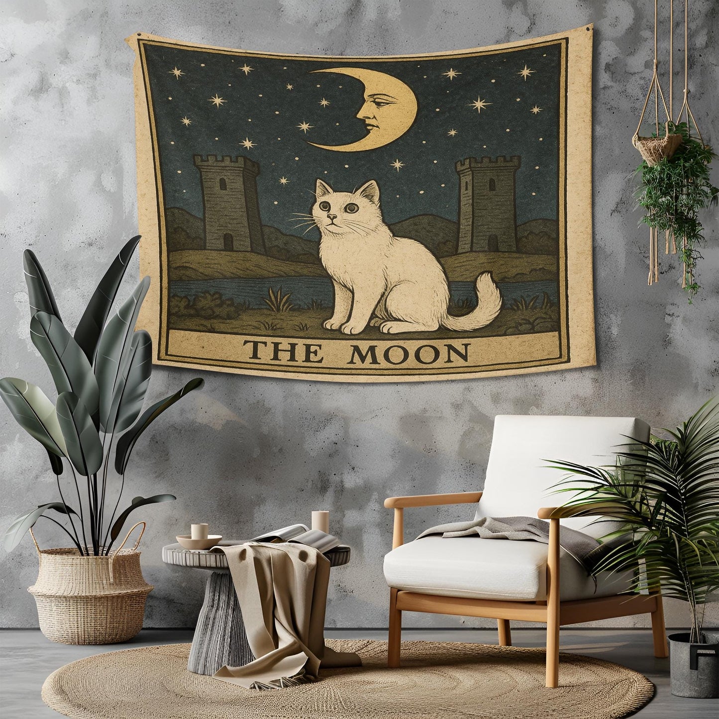 The Moon Cat Tapestry – Tarot Style Wall Art, Mystical Cat Wall Hanging, Celestial Gothic Decor for Bedroom or Meditation Space