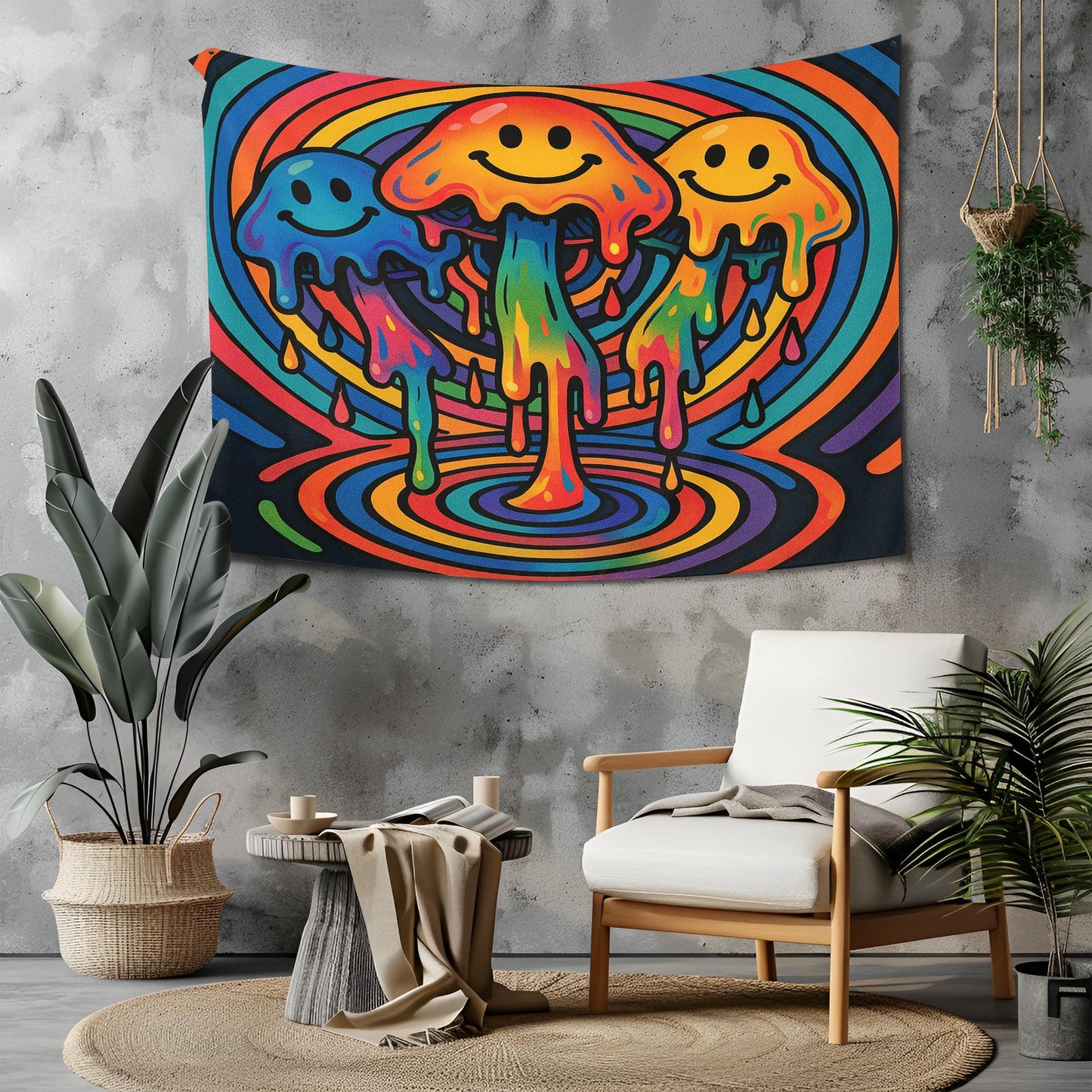 Psychedelic Mushroom Tapestry Wall Art, Trippy Smiley Face Drip Decor For Dorm Or Game Room, Vibrant Boho Gift For Friends Or Teens