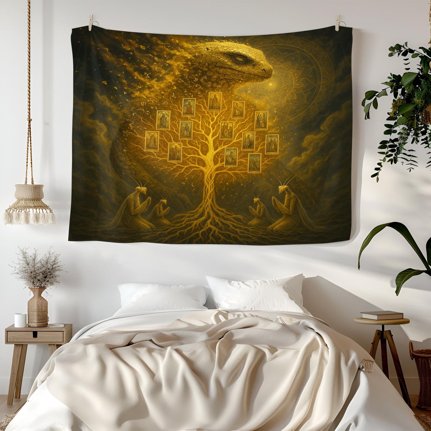 Golden Tree Tapestry – Visionary Reptilian Wall Art, Fantasy Ancestral Tree Decor, Psychedelic Alien Gods Tapestry, Spiritual Dream Art
