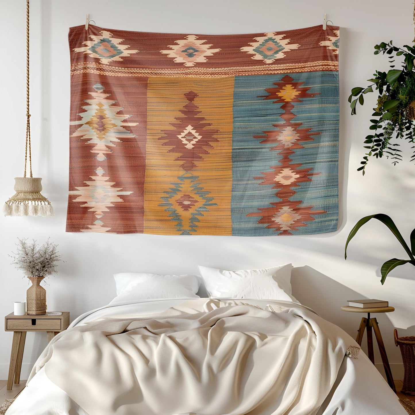 Peaceful Anatolian Kilim Tapestry, Rustic Boho Wall Hanging, Soft Woven Texture Decor, Terracotta Mustard Faded Teal Art, Bohemian Tapestry