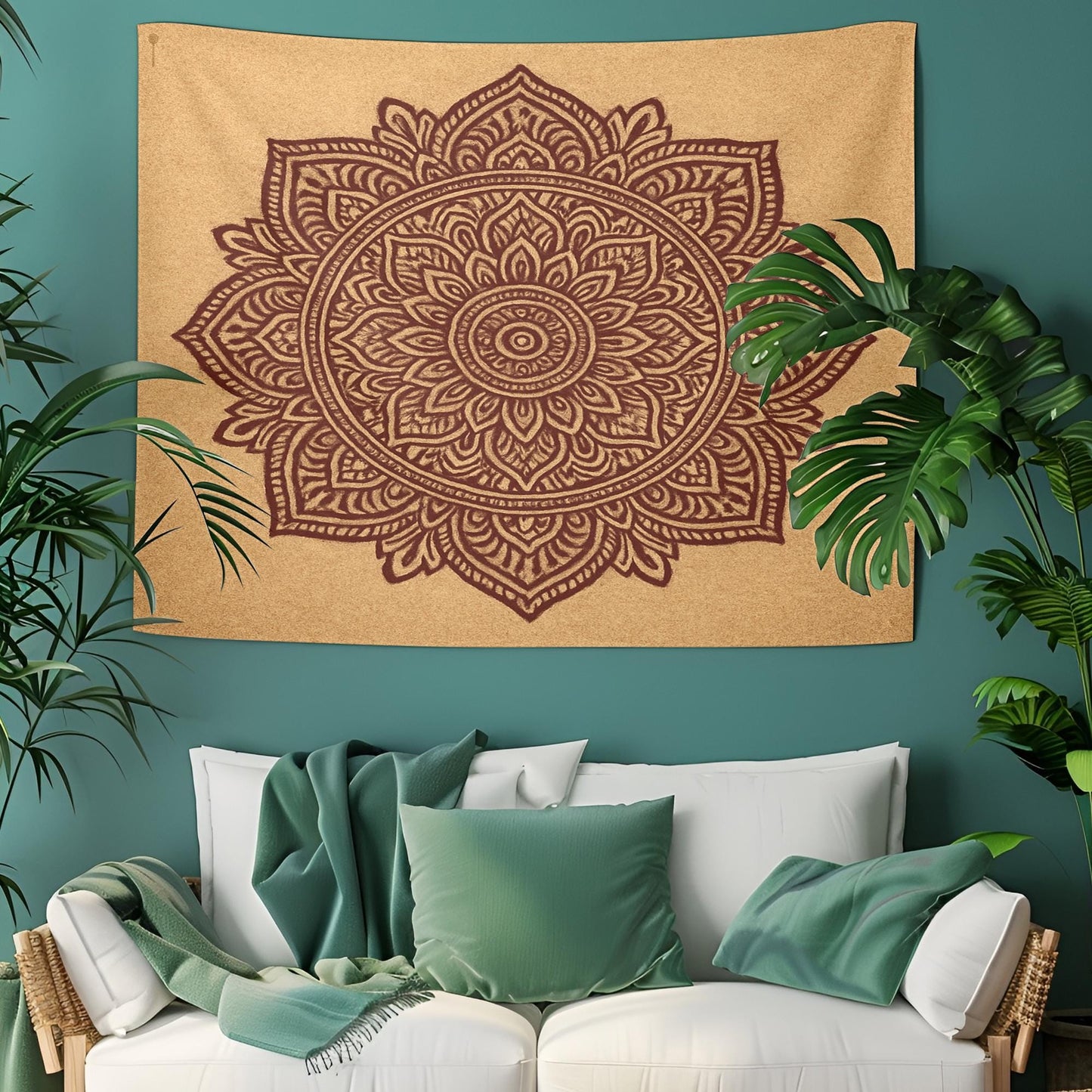 Minimalist Boho Mandala Tapestry โ Beige and Brown Lotus Wall Hanging for Meditation, Bedroom, or Yoga Space, Boho Tapestry, Indian Mandala