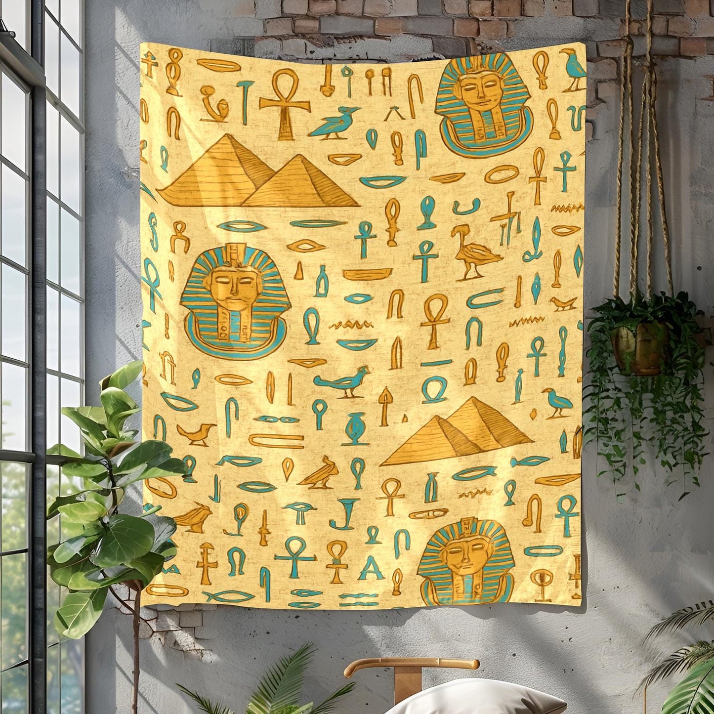 Seamless Egyptian Tapestry with Hieroglyphs Pyramids Pharaoh Masks and Papyrus Texture in Golden Brown and Turquoise Tones