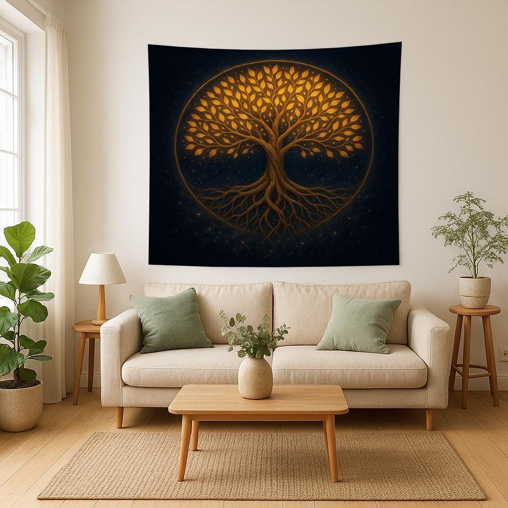 Golden Tree of Life Wall Tapestry, Mystical Night Forest Design, Boho Spiritual Wall Hanging for Bedroom, Living Room or Meditation Decor