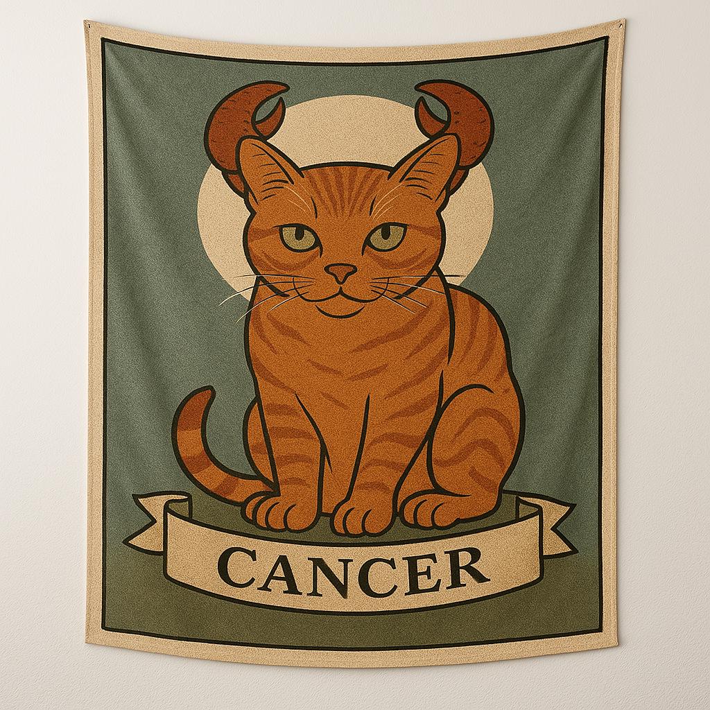 Cancer Zodiac Cat Tapestry Wall Art for Astrology Lovers, Whimsical Horoscope Cat Wall Hanging, Celestial Home Decor for Cat Owners