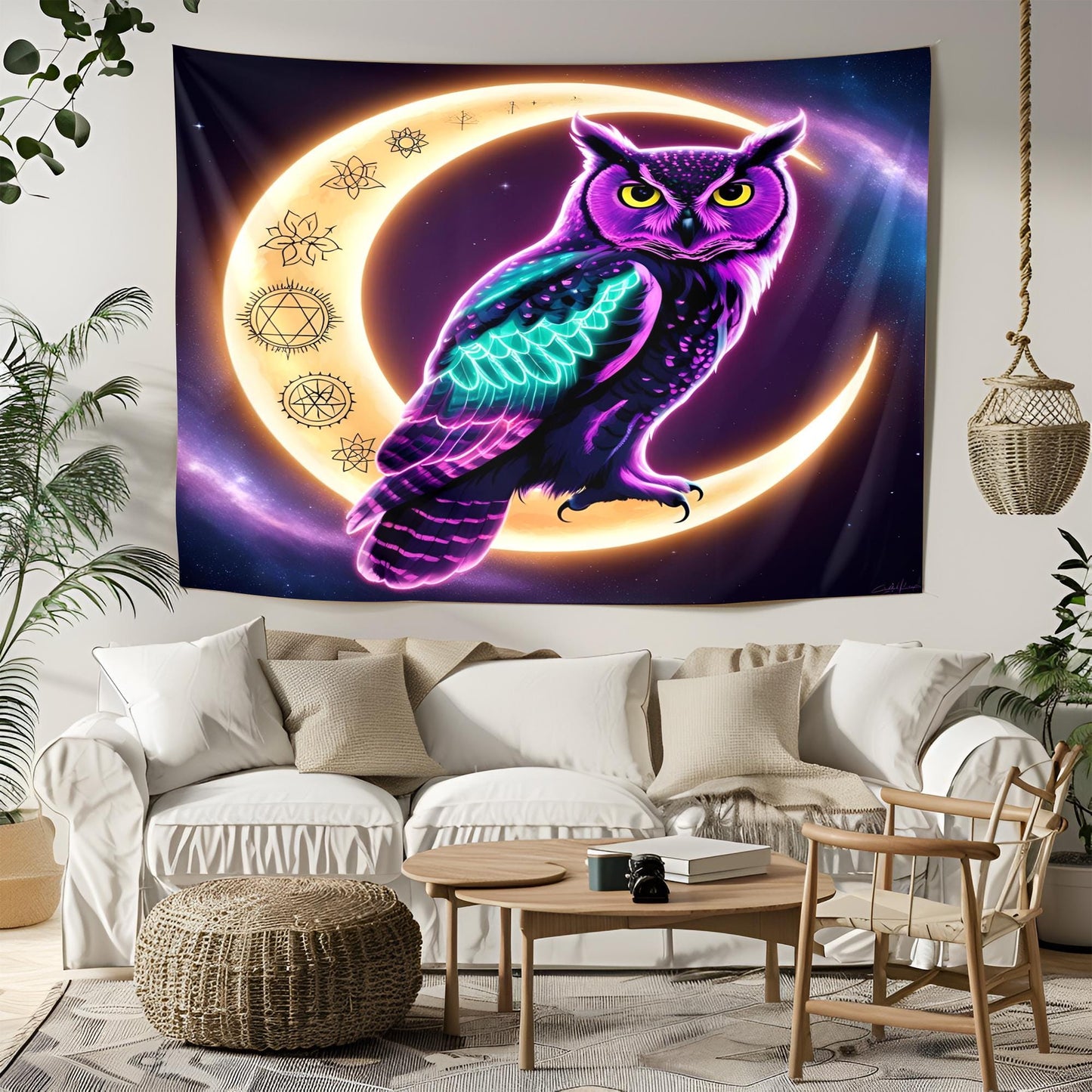 Neon Owl on Crescent Moon Tapestry, Glowing Feathers & Sacred Symbols, Celestial Cosmic Dust Wall Art,Trippy Tapestry, Psychdelic Decor