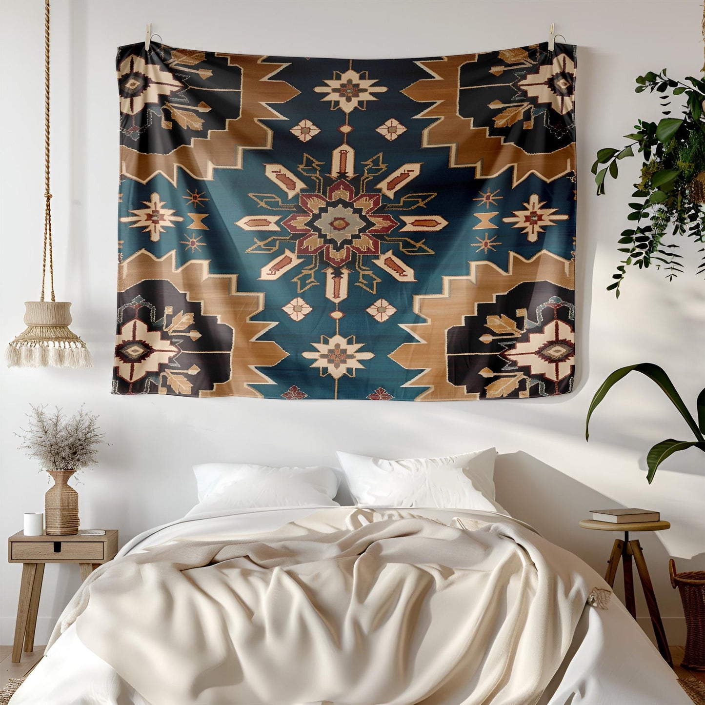 Turkish Seljuk Rug Tapestry, Symmetrical Geometric Wall Hanging, Eight-Pointed Star Design, Deep Turquoise Gold Decor,Turkish Rug Tapestry