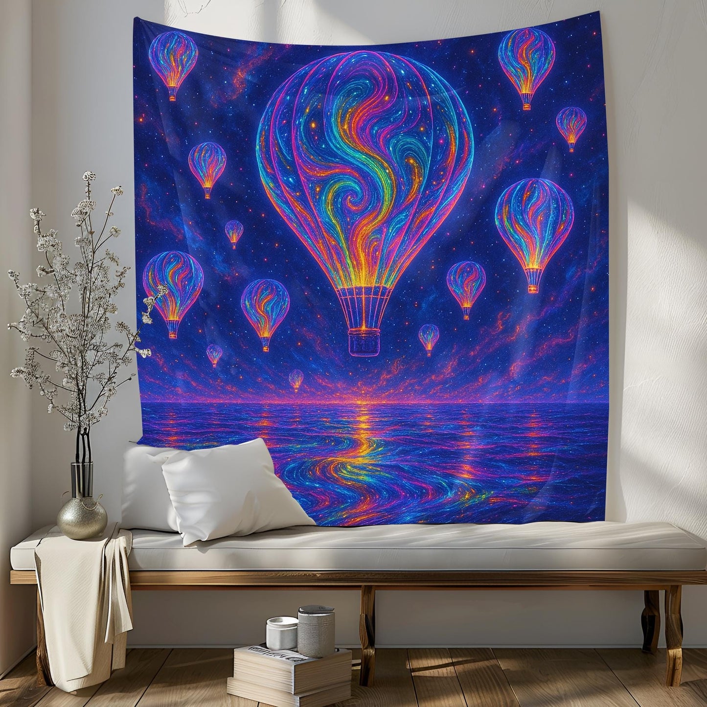 Glowing Neon Hot Air Balloons Floating Above a Cosmic Sea Reflecting Infinite Swirling Colors with Dreamy Psychedelic Ultra HD Aesthetic