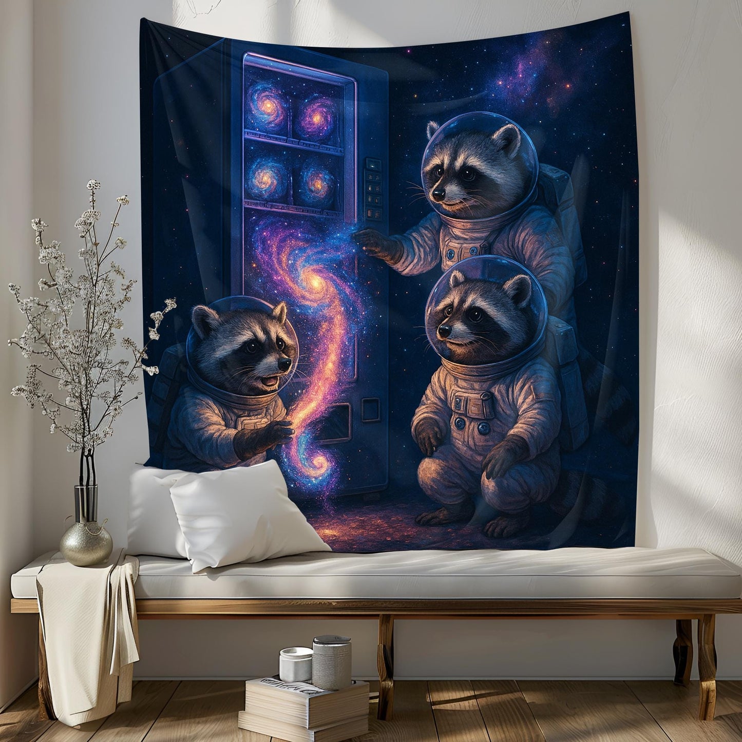 Raccoon Astronaut Tapestry Galaxy Vending Machine Wall Art, Funny Space Decor For Dorm, Cosmic Animal Poster Gift For Sci Fi Lover