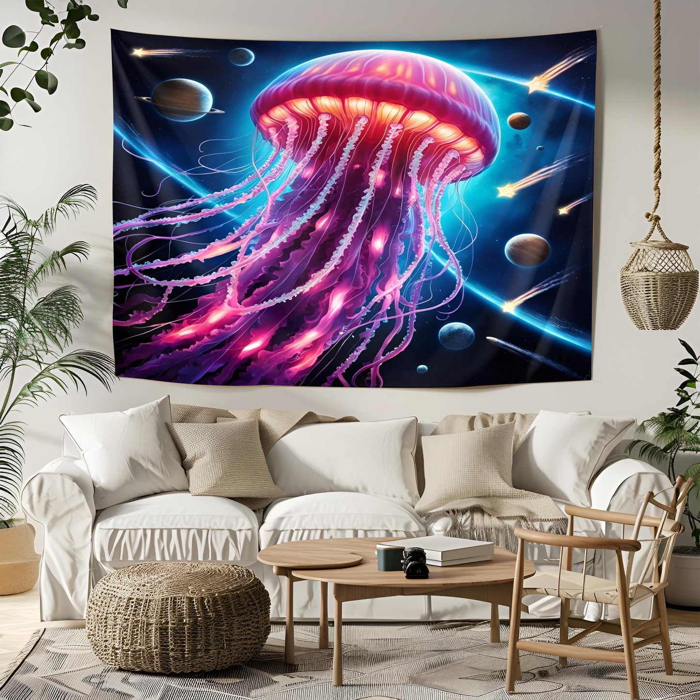 Bioluminescent Space Jellyfish Tapestry, Glowing Tentacles & Cosmic Patterns, Psychedelic Neon Galaxy Wall Art, Trippy Tapestries
