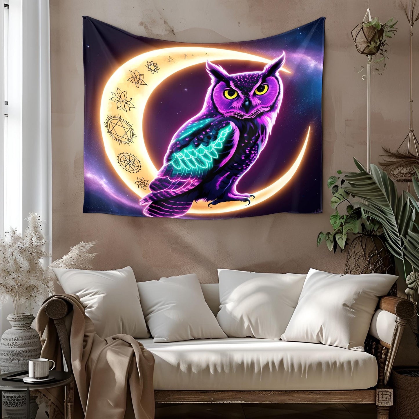 Neon Owl on Crescent Moon Tapestry, Glowing Feathers & Sacred Symbols, Celestial Cosmic Dust Wall Art,Trippy Tapestry, Psychdelic Decor