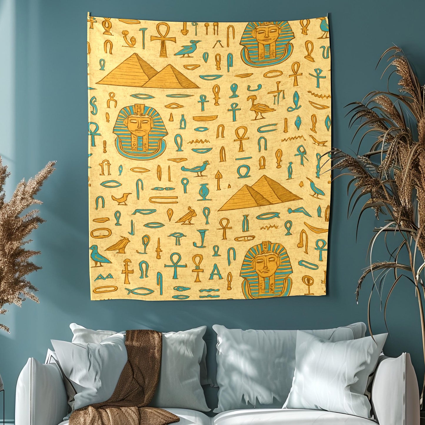 Seamless Egyptian Tapestry with Hieroglyphs Pyramids Pharaoh Masks and Papyrus Texture in Golden Brown and Turquoise Tones