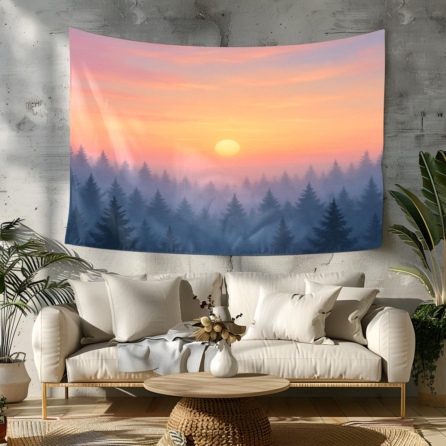 Sunrise Forest Landscape Tapestry with Misty Pine Trees and Pastel Sky β Tranquil Nature Wall Art for Boho Home and Bedroom Decor