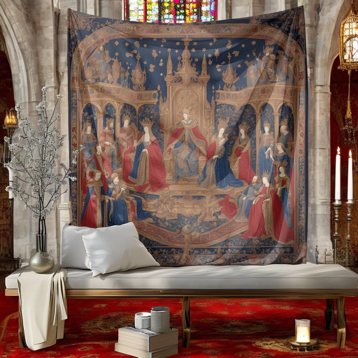 Medieval Royal Tapestry - King and Queen Sitting on Golden Thrones - Gothic Wall Hanging - Renaissance Home Decor - Castle-Inspired Art