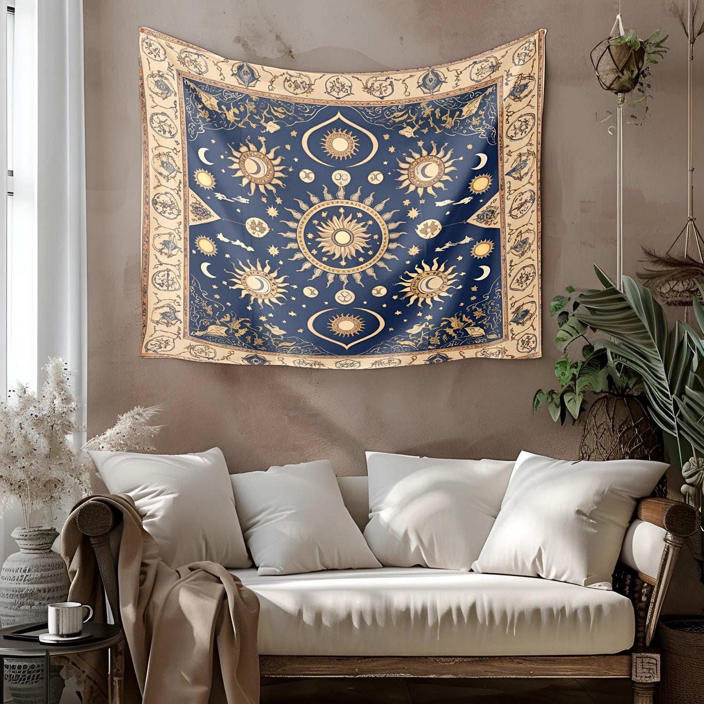 Celestial Sun & Moon Tapestry, Mystical Anatolian Wall Hanging, Deep Blue Beige Gold Decor, Ancient Sacred Patterns , Tapestry For Room