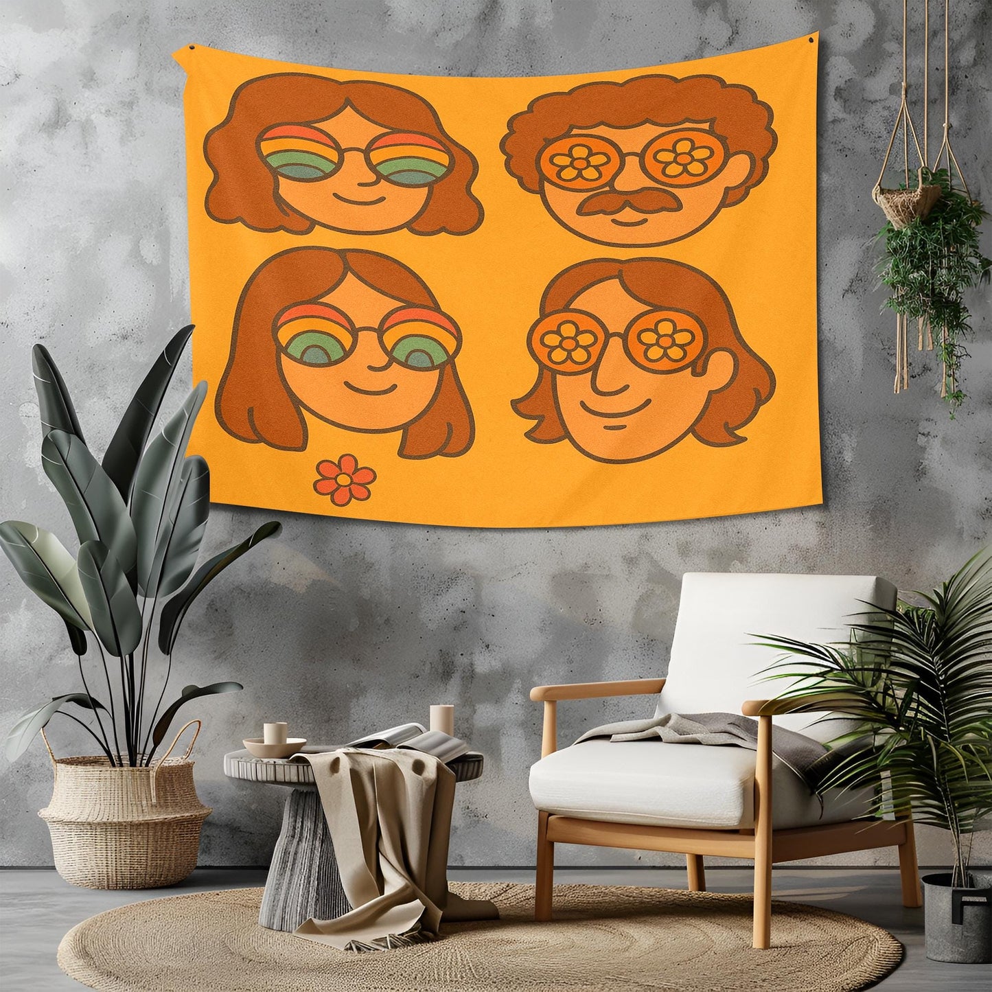 Retro Faces Tapestry With Rainbow Sunglasses, 70s Hand Drawn Cartoon Style, Warm Minimal Background, Groovy Wall Art, Gift For Her