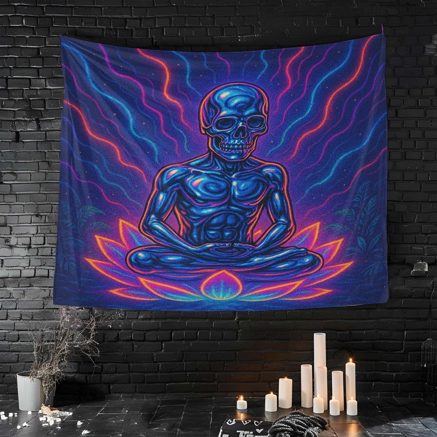 Psychedelic Skeleton Meditation Tapestry, Trippy Skull Wall Art, Cosmic Yoga Decor For Dorm Or Studio, Spiritual Gift For Him Or Her