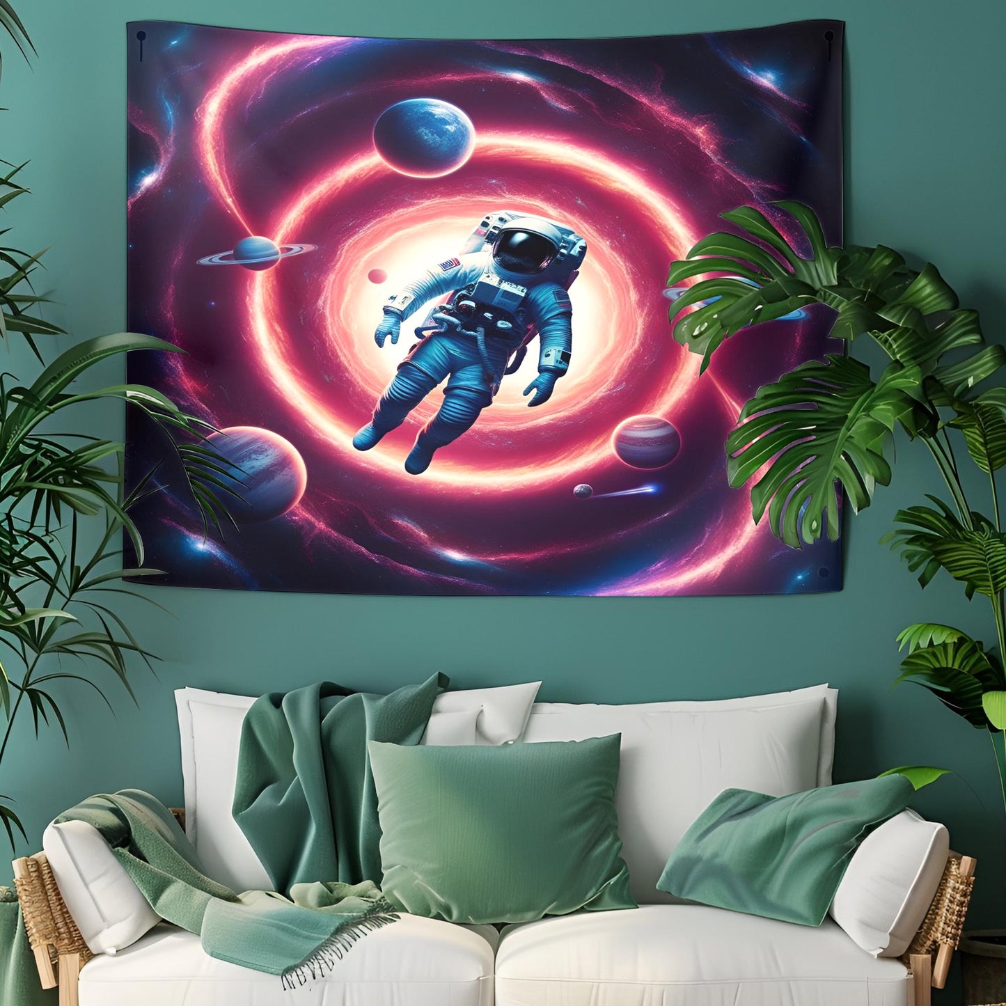 Psychedelic Astronaut Tapestry, Cosmic Vortex Wall Art, Swirling Neon Galaxies & Fractal Planets, Surreal Space Travel Decor , Trippy Decor