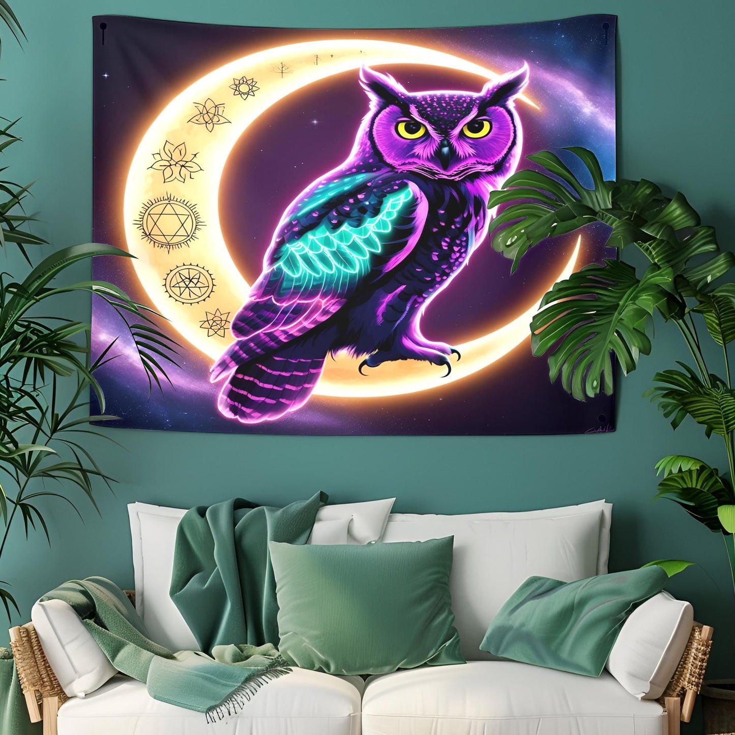 Neon Owl on Crescent Moon Tapestry, Glowing Feathers & Sacred Symbols, Celestial Cosmic Dust Wall Art,Trippy Tapestry, Psychdelic Decor