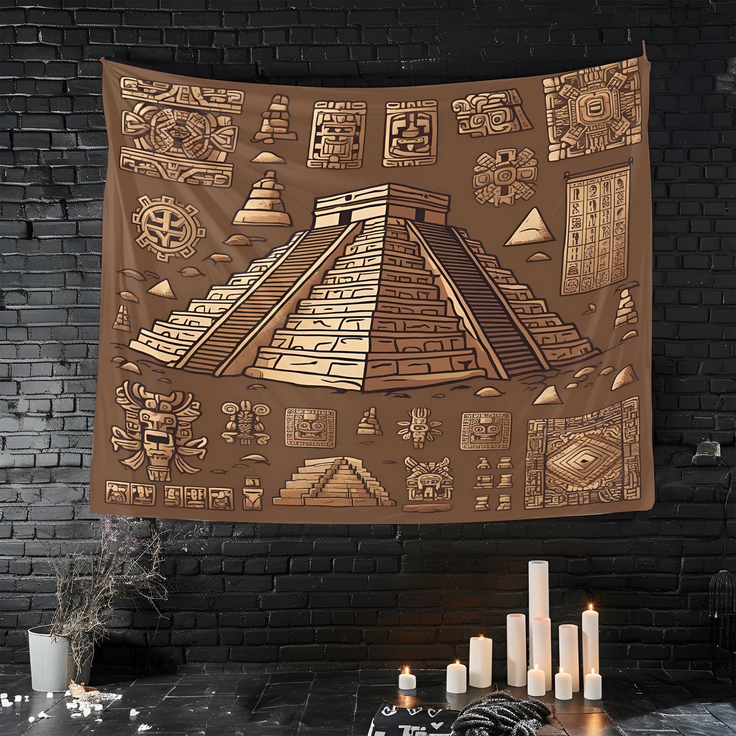 Seamless Mayan Tapestry with Pyramids, Calendar Symbols & Intricate Stone Carvings, Earthy Tones Ancient Mesoamerican Wall Art