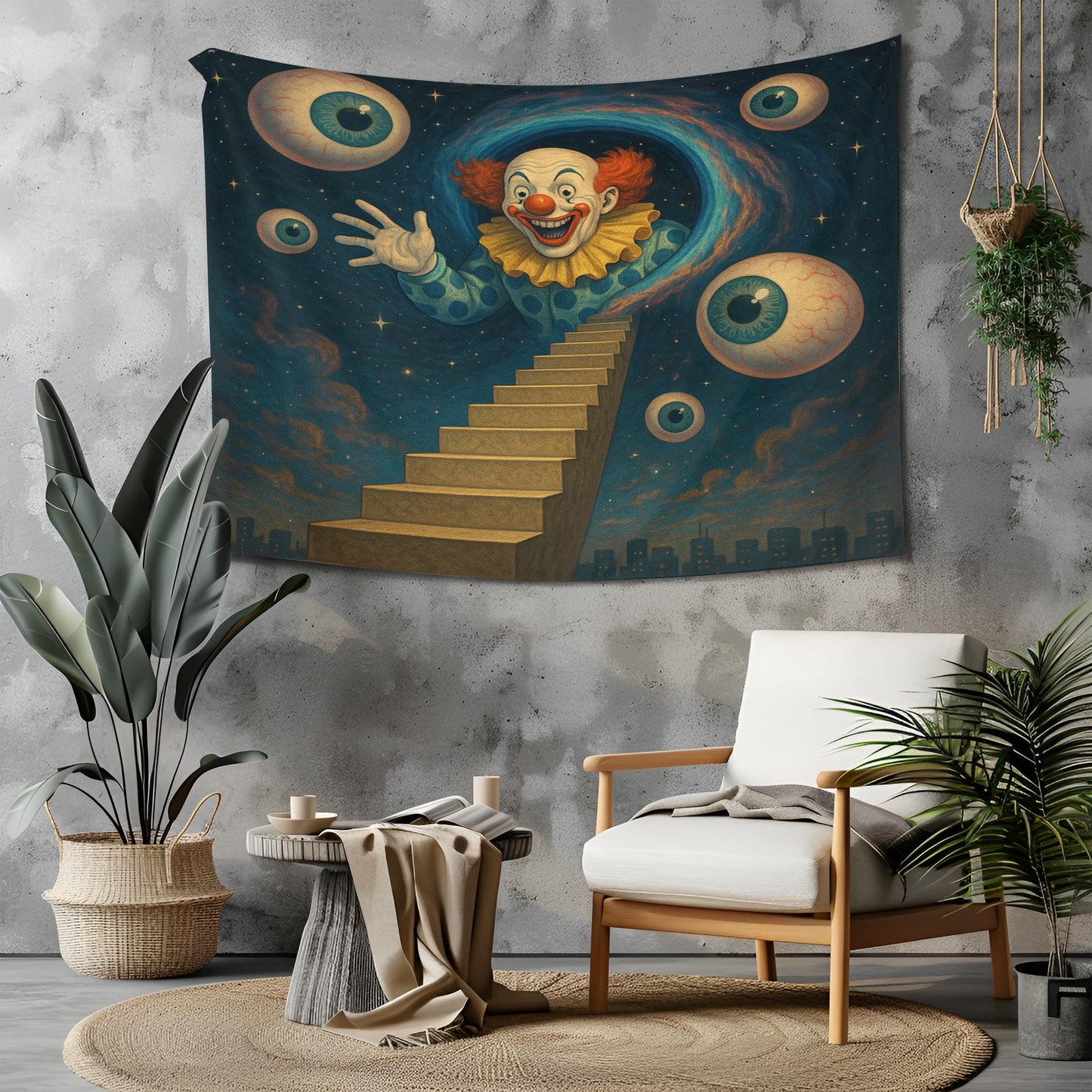 Staircase To Stars Tapestry With Clown Emerging From Wormhole And Orbiting Eyeballs, Surreal Psychedelic Wall Art, Gift For Him Or Her