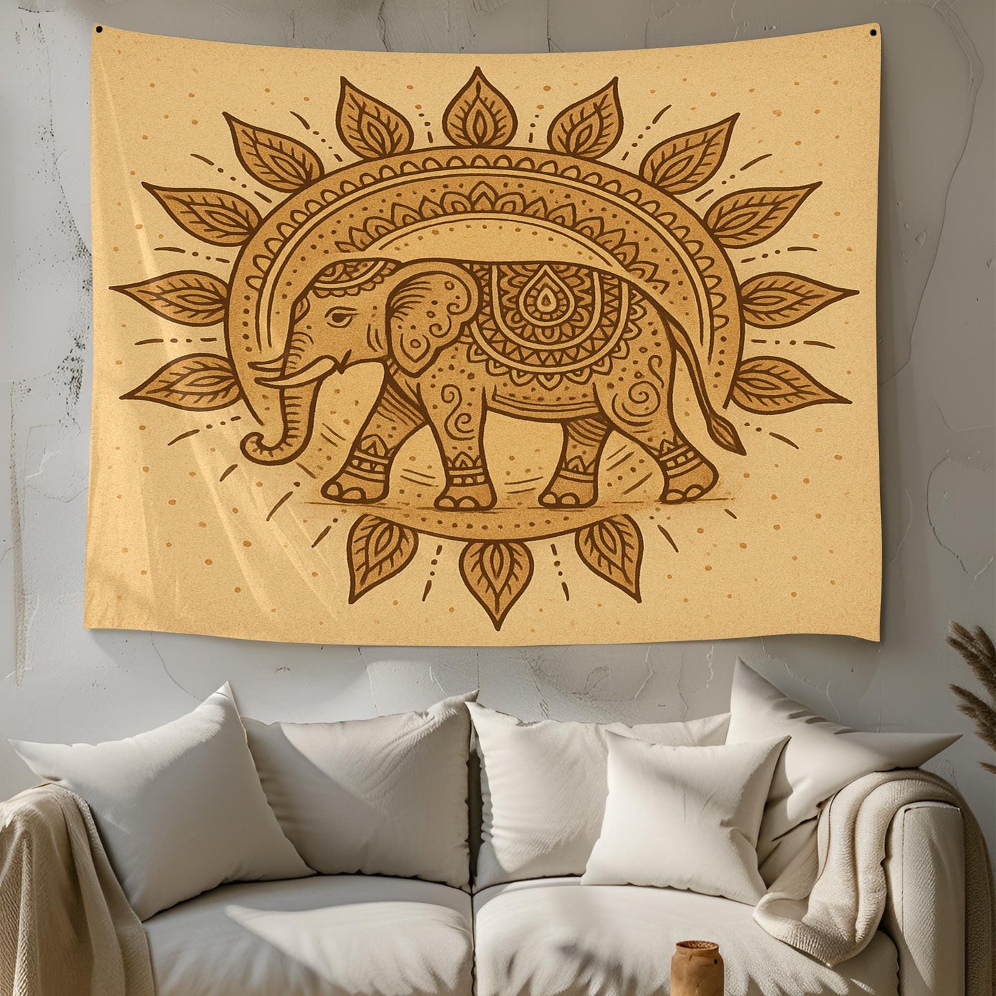 Boho Elephant Tapestry Wall Hanging โ Beige Mandala-Style Elephant Decor for Bedroom, Living Room, or Meditation Space