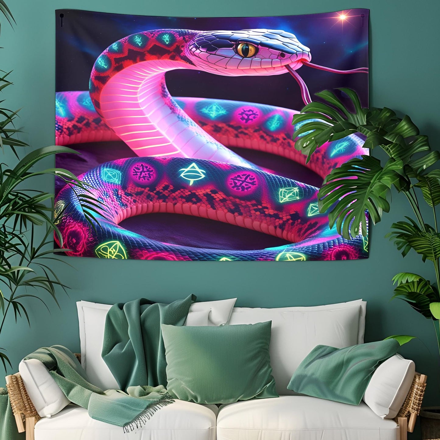 Psychedelic Neon Snake Tapestry, Shifting Fractal Patterns & Sacred Symbols, Cosmic Serpent Wall Art, Glowing Trippy Decor, Tapestry Trippy